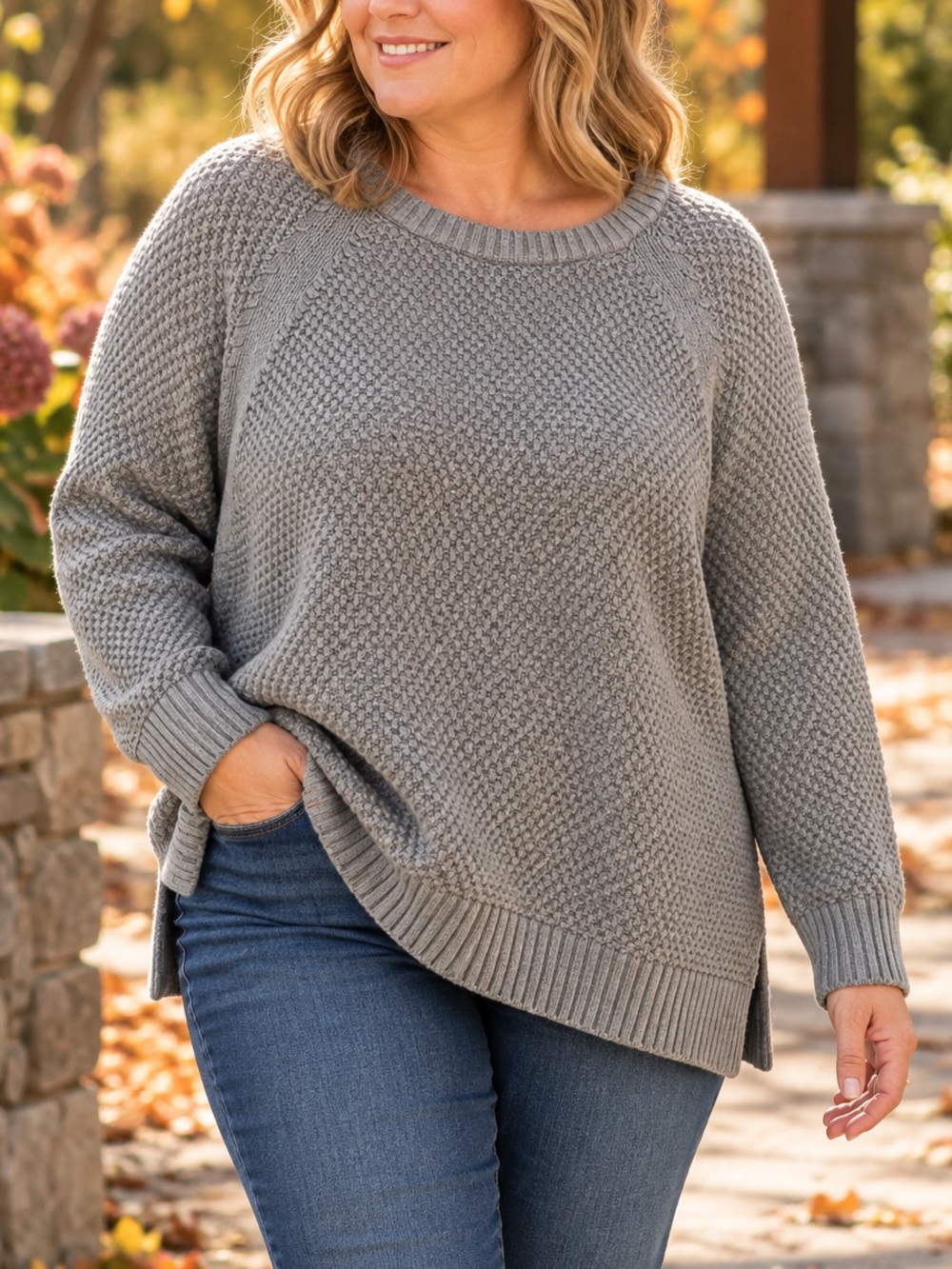 Old Navy Cotton Blend Women’s XL Grey Textured Knit Oversized Crewneck Sweater